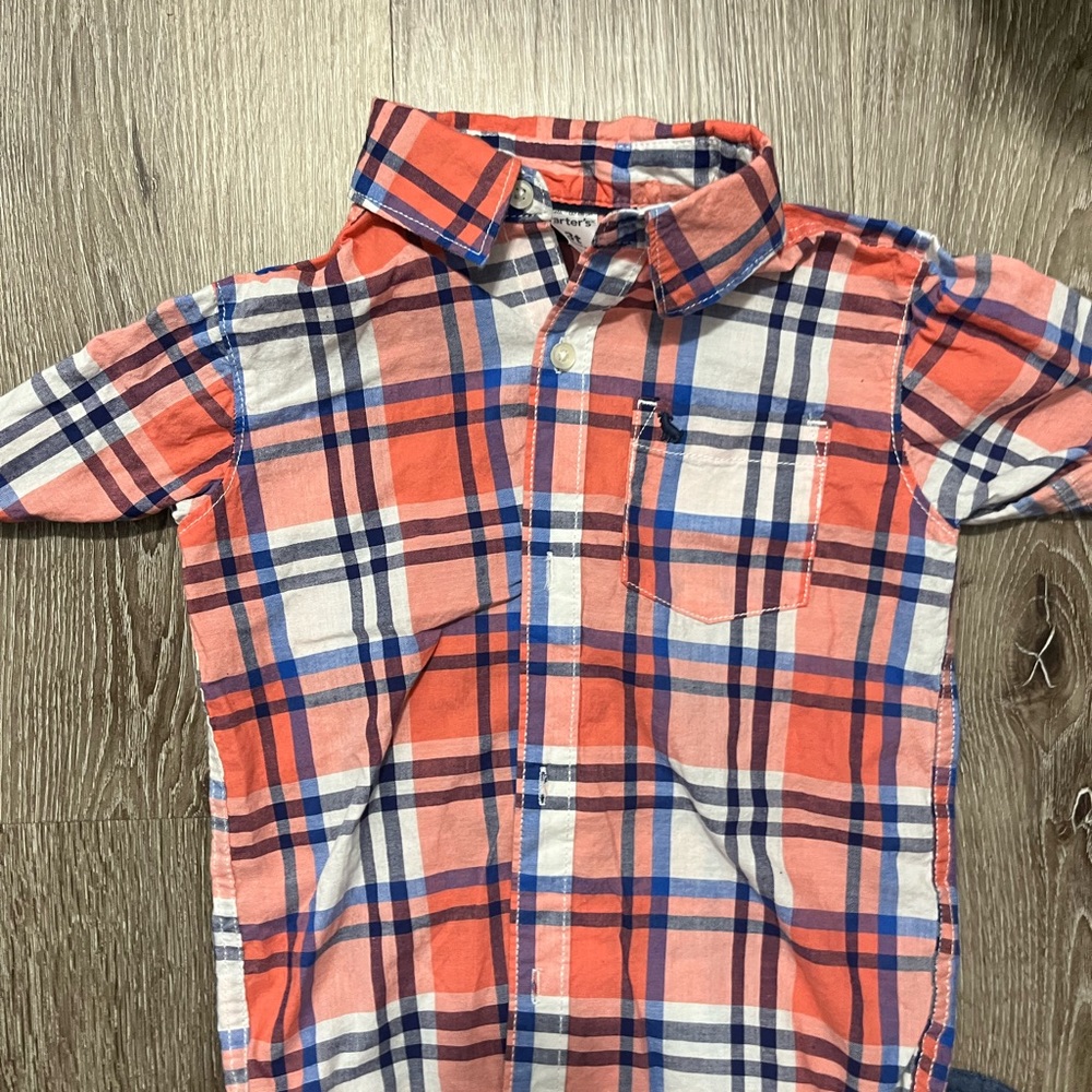 Carters 3T button down orange/black/white/Royal no stains has all buttons